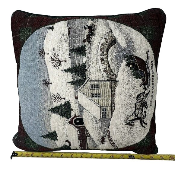 Tapestry Pillow Victorian Sleigh Ride David Carter Brown Snow Scene Plaid Trim - Picture 7 of 7